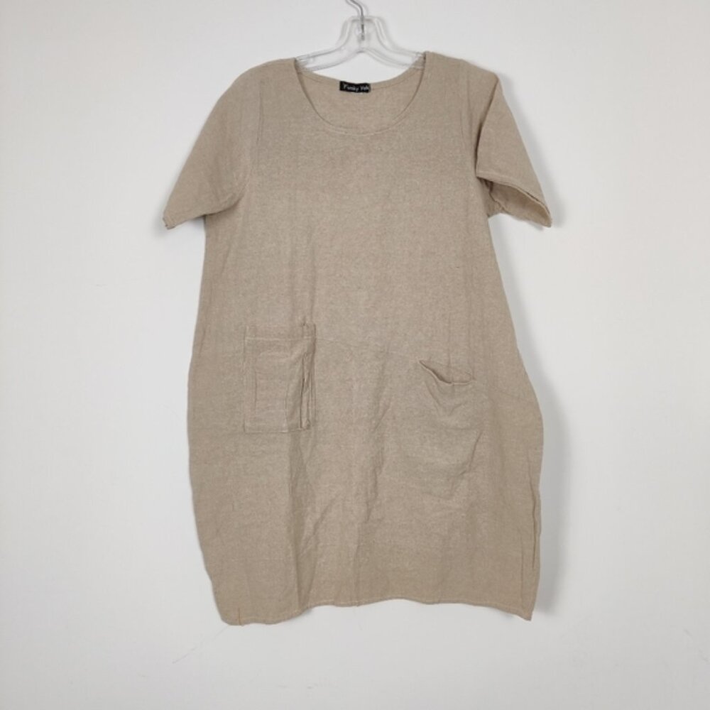 Funny Yak Women's Flax Beige 100% Cotton Dress Size Large Hippie Boho Lagenlook